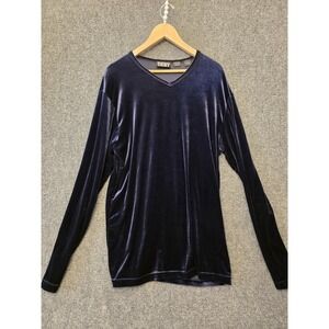 DKNY Shirt Womens XL Blue Velvet V Neck‎ Long Sleeve Tunic Top Stretch USA